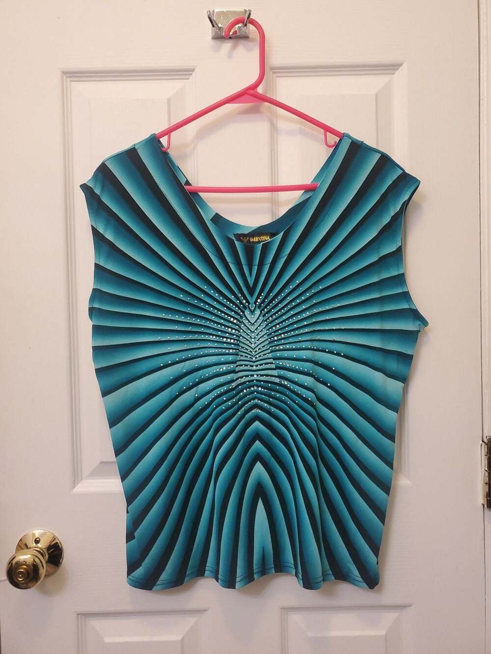 VTG Y2K Valentina Teal Optical Illusion Rhinestone Cyber Rave Slinky Shirt 1X